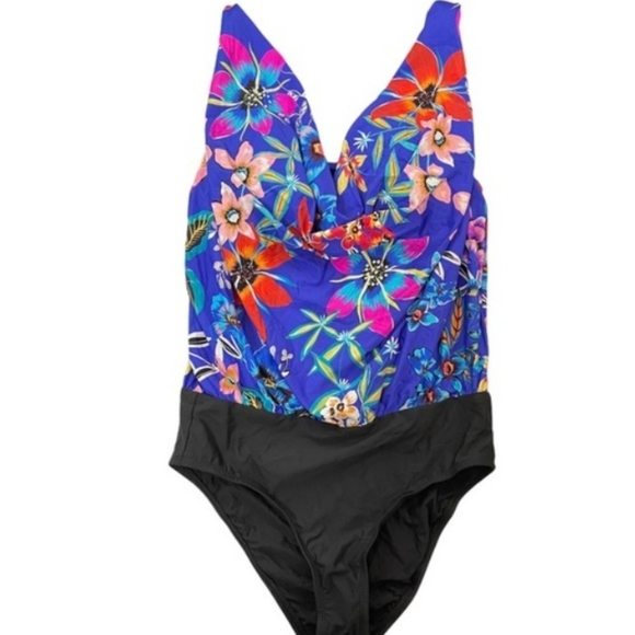 NWT ATHENA~ Plus Size~Mexicano Flower Print Cowl neck Blouson 1 pc Swimsuit~14 - Picture 6 of 9